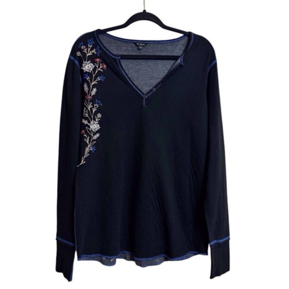 Alp N Rock Women's Size X-Large Black Floral Embroidered Henley Long Sleeve Top